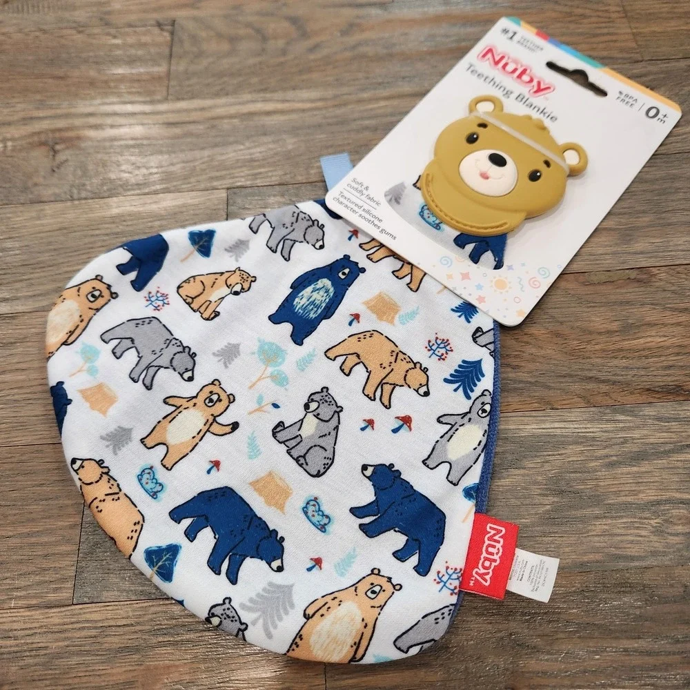 Nuby Teething Blankie Silicone Teddy Bear Woodland Lovey Security Blue Blanket‎